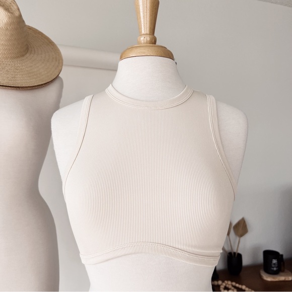 CREAM RIBBED KNIT STRETCHY CROP TOP - Picture 3 of 10